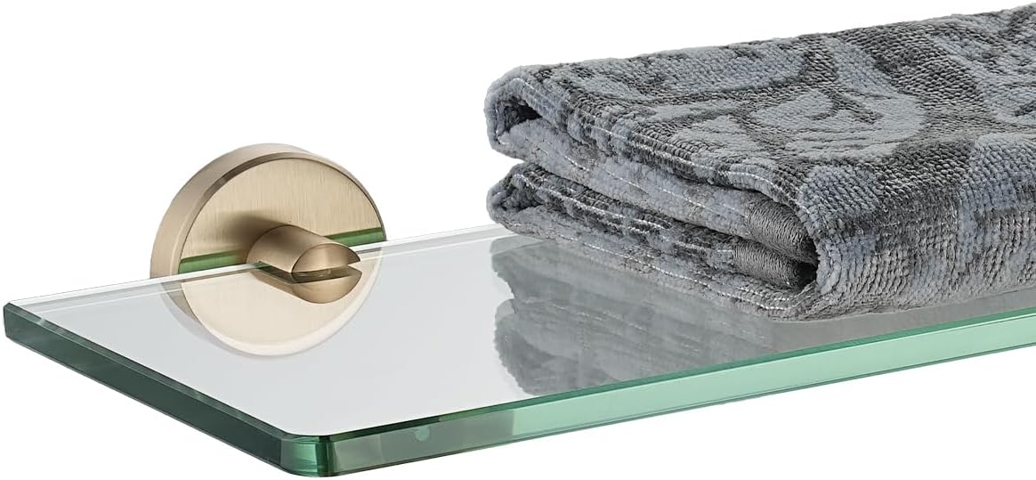 JQK Bathroom Glass Shelf, Tempered Glass Shower Storage 20 by 5 inches, 304 Stainless Steel Champagne Bronze Wall Mount, TGS101L20-CB