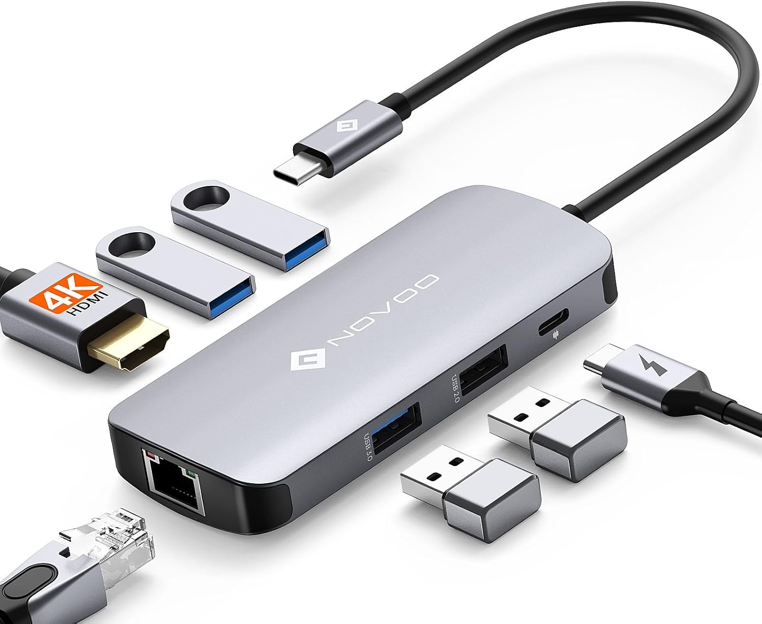 USB C Hub with Ethernet Adapter, 7 in 1 USB Splitter w/100W PD, USB C 3.0 to HDMI Adapter, 3 USB 3.0 Ports, 1 USB 2.0 Port, 7-Port Slim USB Docking Station for Laptop, MacBook Pro, Surface, XPS NOVOO