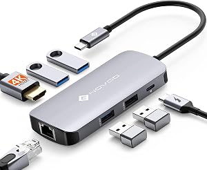 USB C Hub with Ethernet Adapter, 7 in 1 USB Splitter w/100W PD, USB C 3.0 to HDMI Adapter, 3 USB 3.0 Ports, 1 USB 2.0 Port, 7-Port Slim USB Docking Station for Laptop, MacBook Pro, Surface, XPS NOVOO | Ethernet, 100W PD Charging Port, USB x 4, USBC H