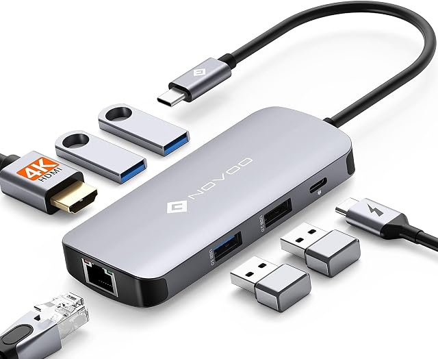 USB C Hub with Ethernet Adapter, 7 in 1 USB Splitter w/100W PD, USB C 3.0 to HDMI Adapter, 3 USB 3.0 Ports, 1 USB 2.0 Port, 7-Port Slim USB Docking Station for Laptop, MacBook Pro, Surface, XPS NOVOO | Ethernet, 100W PD Charging Port, USB x 4, USBC H