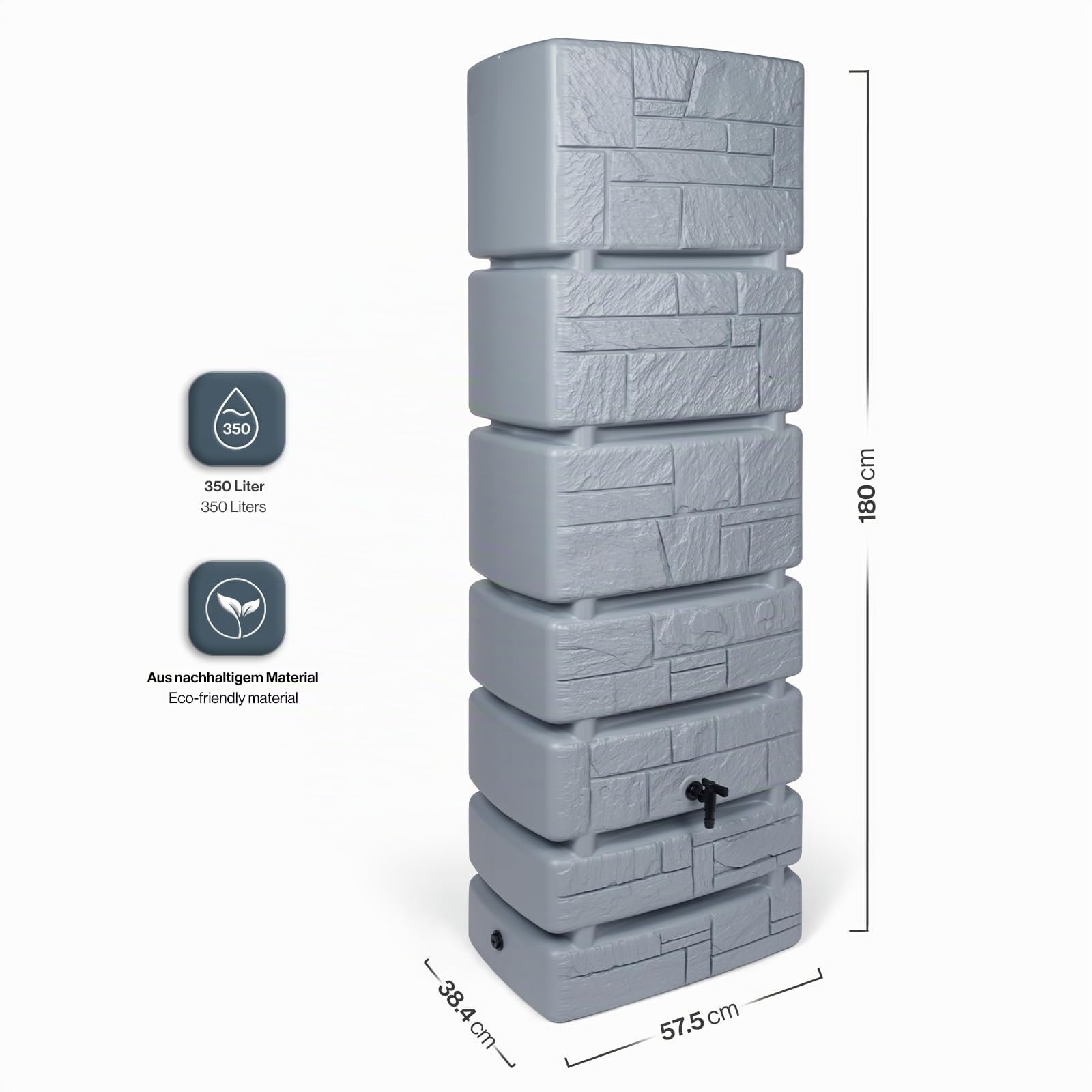 Kreher Boccetta XXL Tower Stone con rubinetto. Grande effetto pietra antracite o grigio, capacità di utilizzo 350 litri. Dimensioni (LxPxA): 57,5 x 38,4 x 180 cm (grigio)