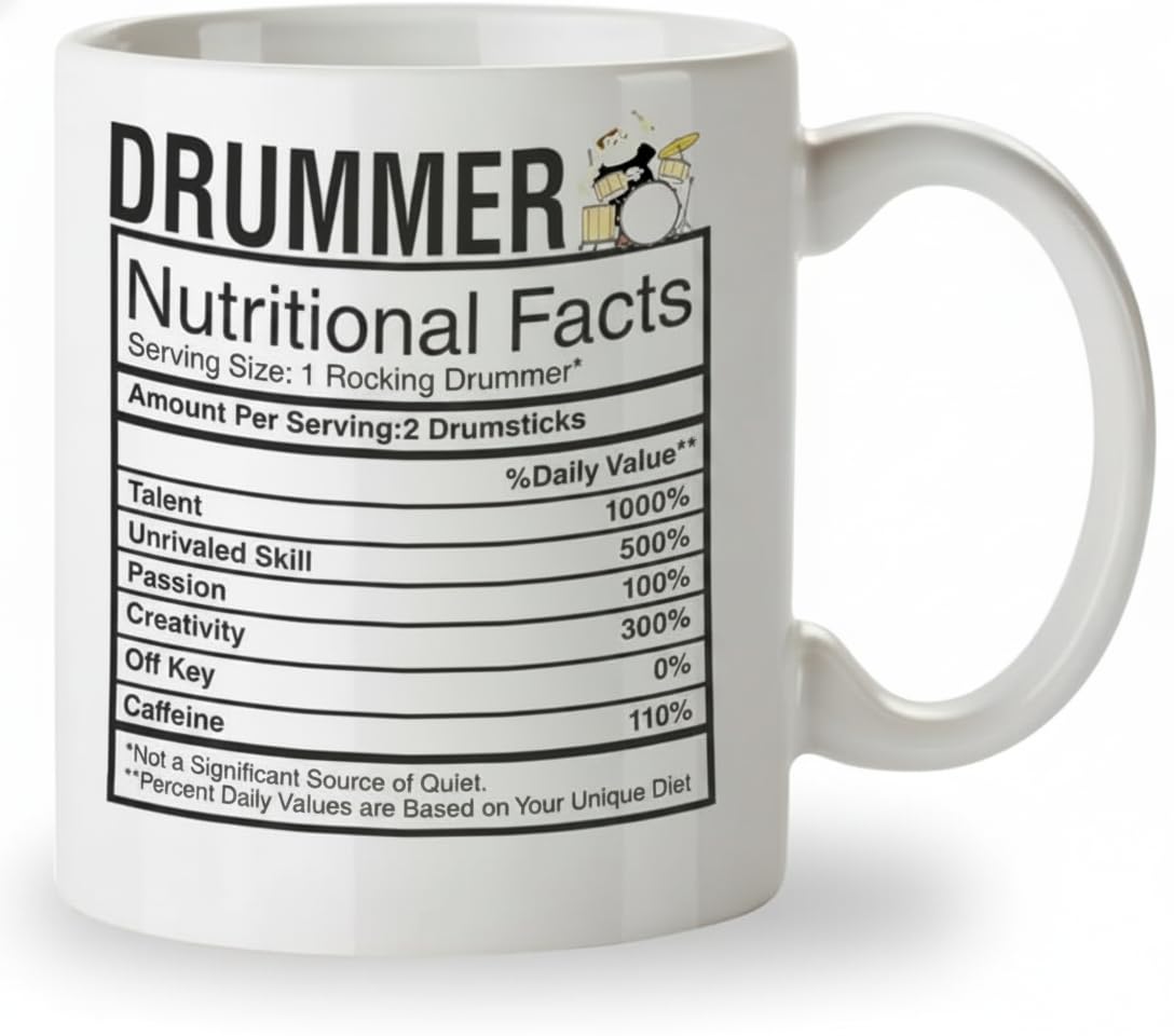 Kruzroyal Funny Drummer Mug – Nutritional Facts Coffee Cup Gift for Men, Dad, Husband, Musicians, Bandmate & Drum Teacher, 11oz Ceramic Mug