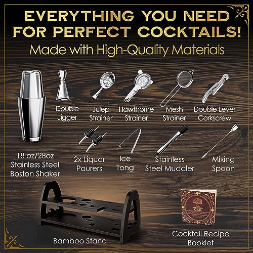 Aberdeen Oak Mixology Bartender Kit - Extra Thick Stainless Steel Cocktail Shaker Set for Mixing - Includes XL Boston Shaker & Premium Bamboo Stand - Professional Bar Tools for The Home Mixologist - Image 3
