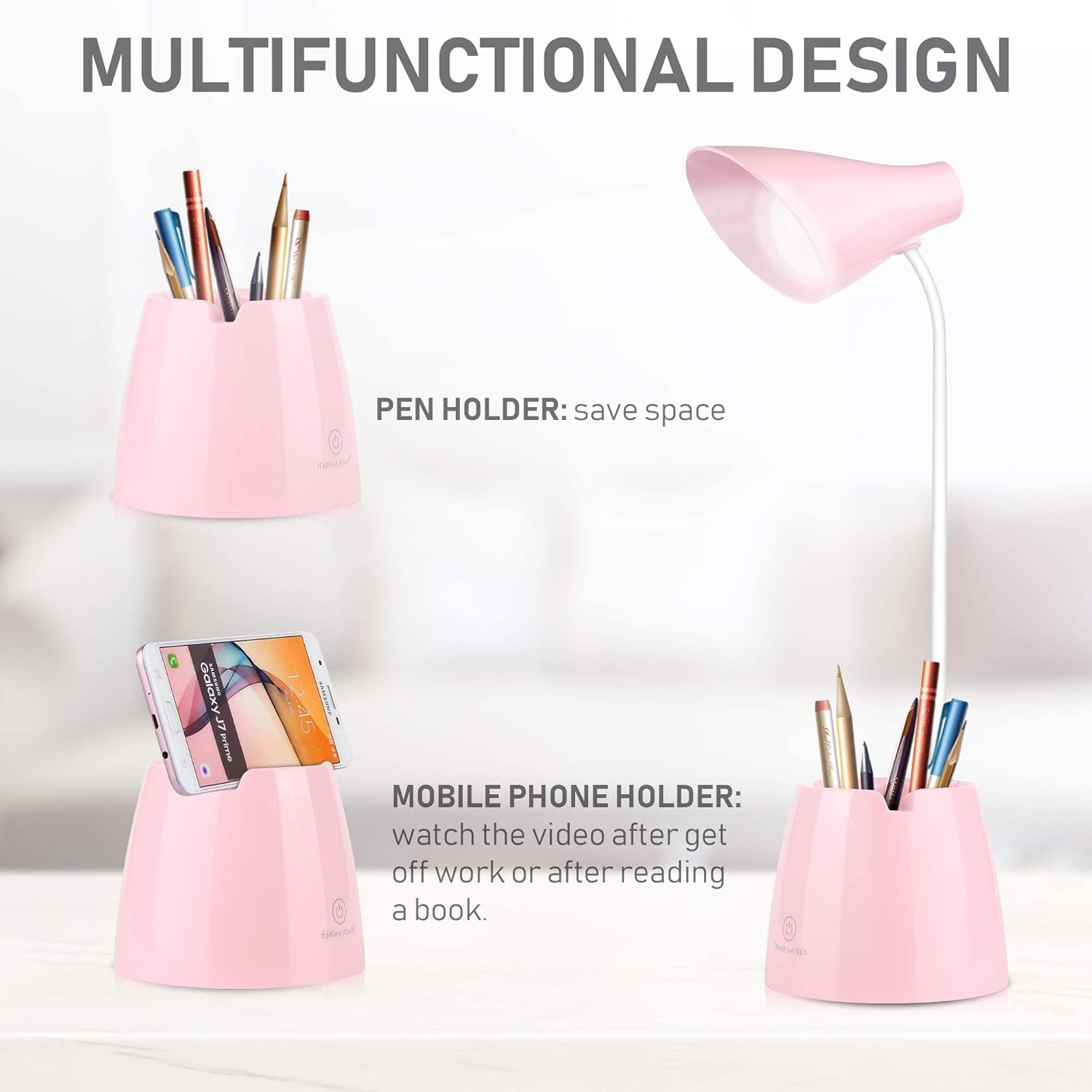 Asfrode Lampe De Bureau Enfants LED Dimmable Rose - Rechargeable, 3 Niveaux, Protection Yeux, Tactile