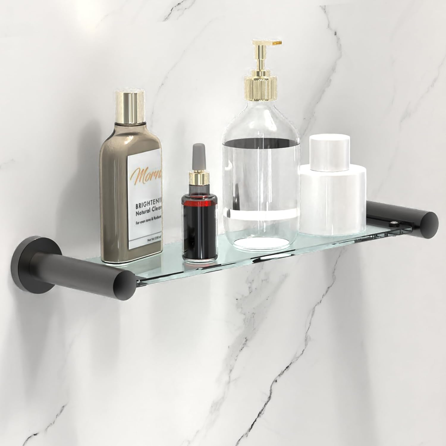 Floating Toiletries Glass Shelf Wall Mounted for Bathroom, Bathtub & Shower Wall, 16 inches for Stud Mount, Stainless Steel Matte Black