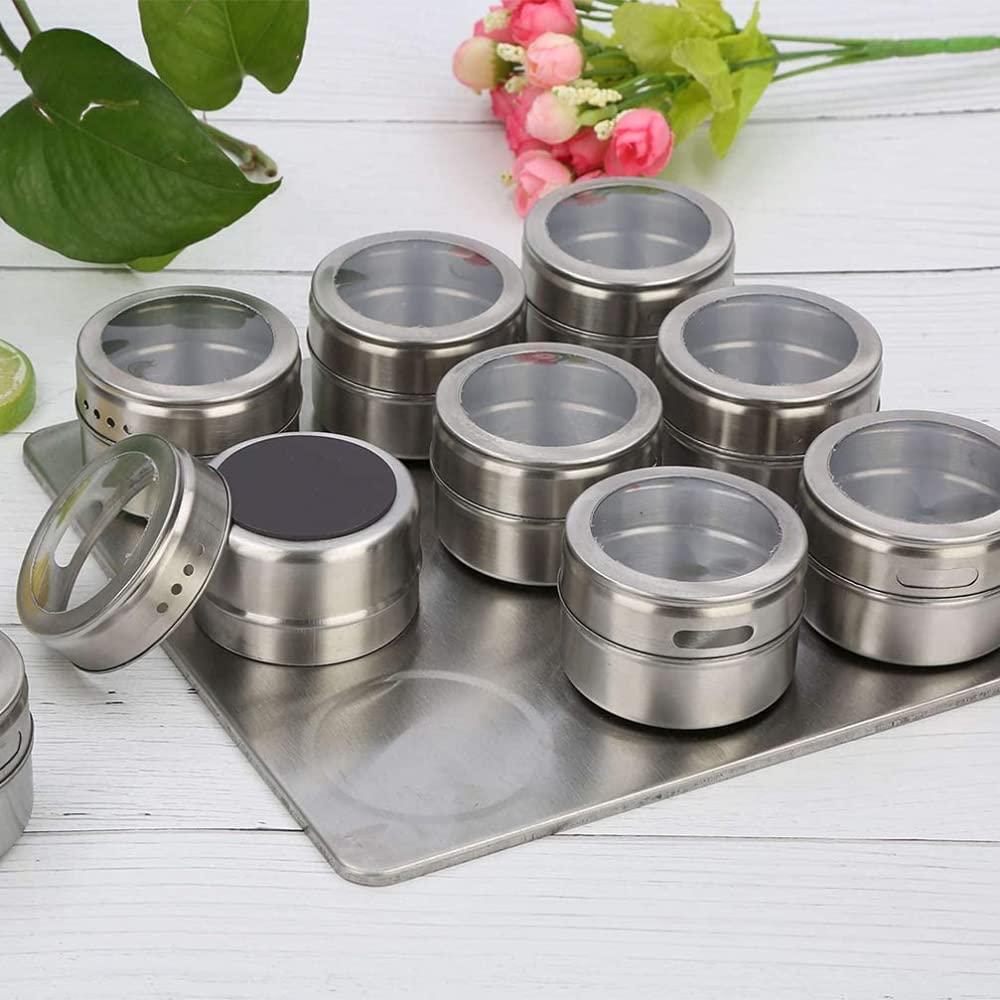 Gewürzglas, 9-teiliges Set Gewürzbehälter aus Edelstahl, magnetische Gewürzgläser mit Deckel, Gewürzaufbewahrungsdosen