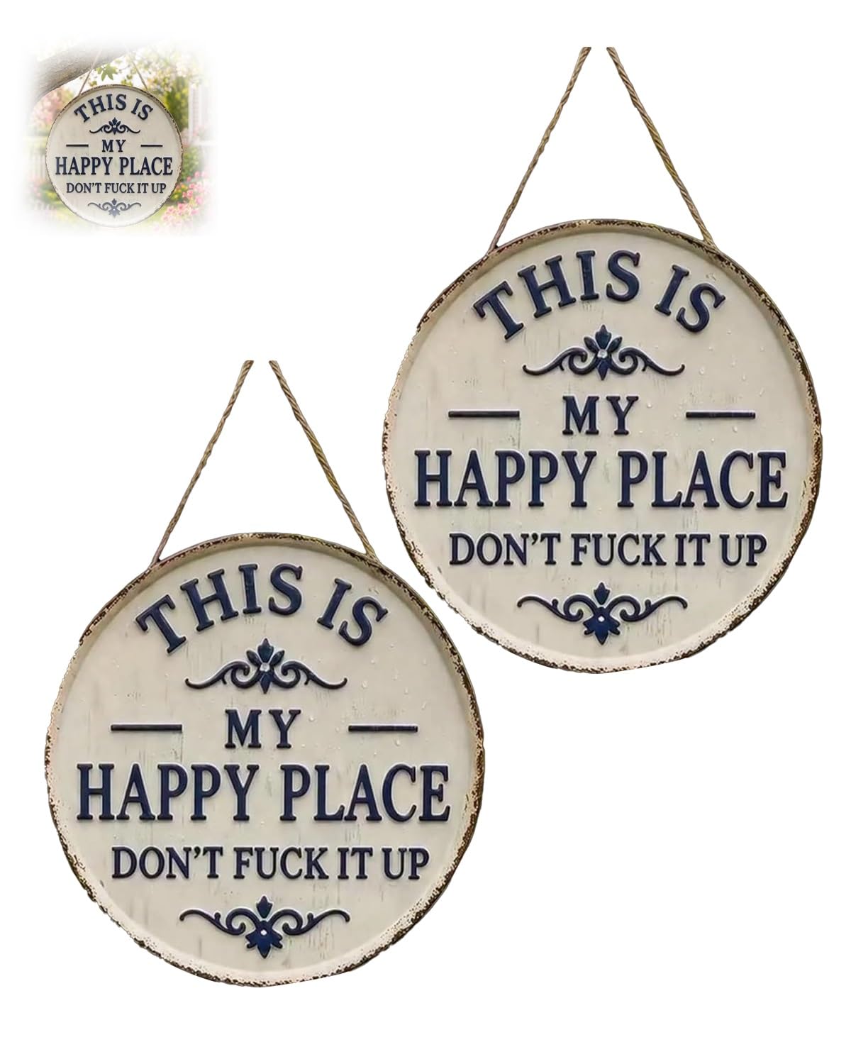This Is My Happy Place Door Sign Funny Metal Sign Vintage Tin Plaque Dont F*ck It Up Garden Sign Retro Wall Decor for Patio Outdoor Home Bar Humorous Housewarming Gift Rustic Welcome Sign(2pcs,12in)