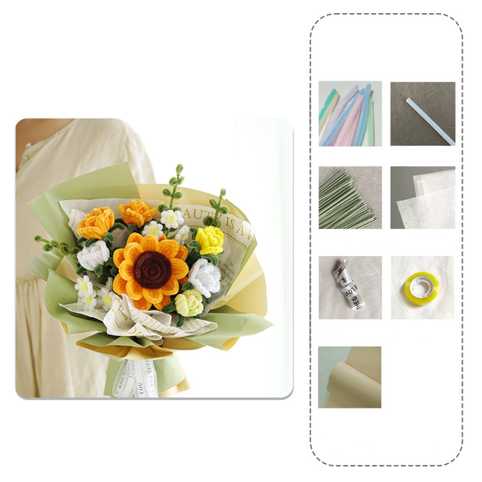 Bouquet Fiori Artificiali Kit Materiali Non Finito Lavorazione Manuale Uncinetto Composizione Floreale Carta Tavolo Centro Adatto per Regali, Girasole