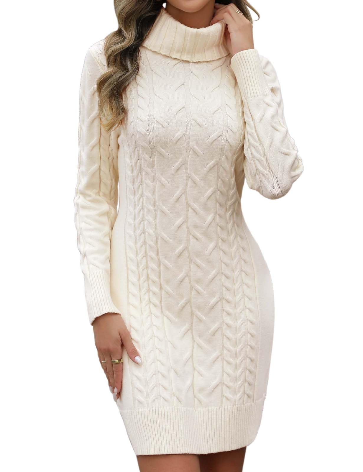 Robe Pull Femme Hiver Robe Chic et Elegant à Col Haut Tricoté Mi-Longue Robes Chaud à Manches Longues Elástique Pull Femme Slim Fit Couleur Unie Doux Automne Hiver