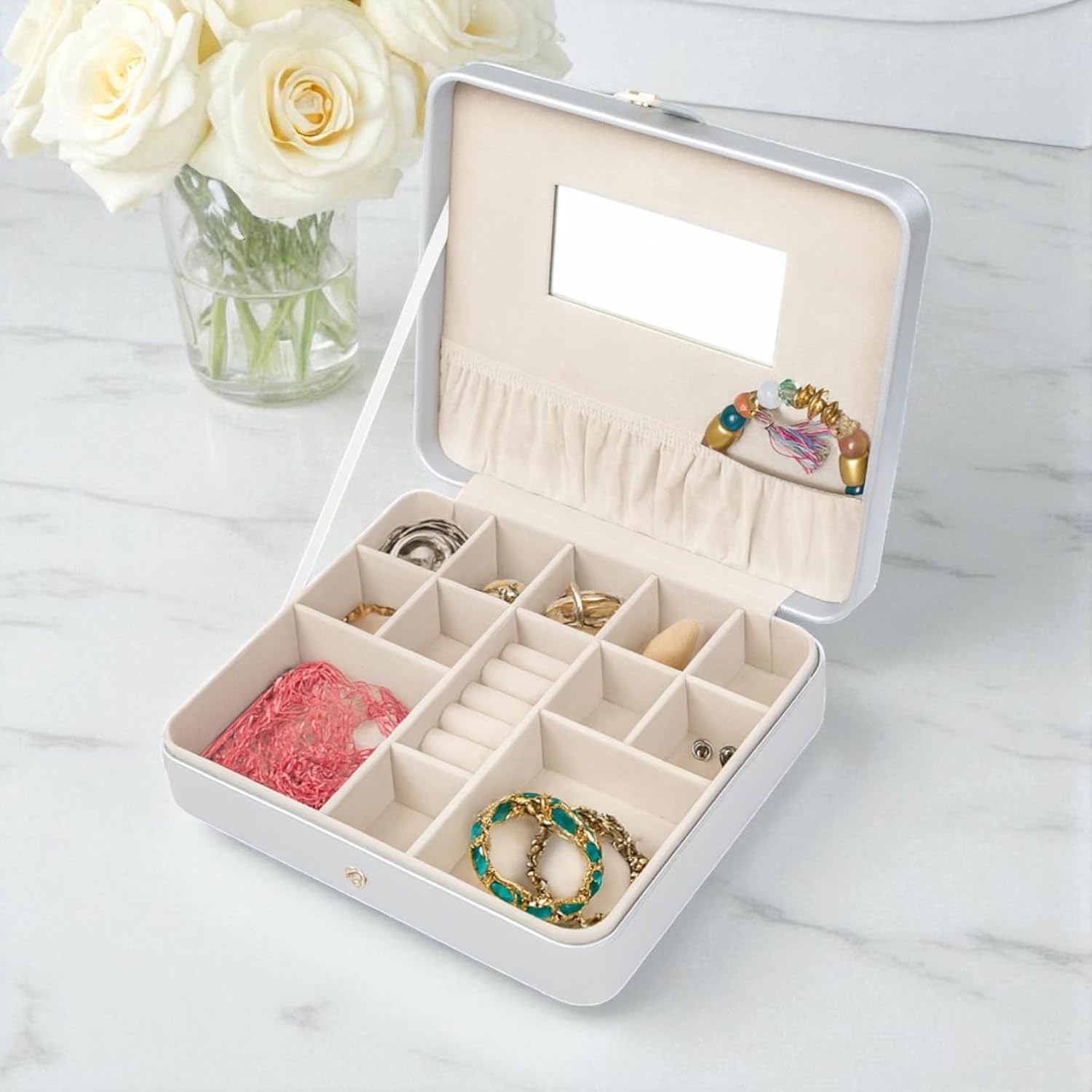 Hives & Honey Opal Jewelry Travel Case with Mirror – Anti-Tarnish Felt Lining, Ring Rolls, Divided Compartments, Elastic Lid Pocket, Secure Snap Closure, Portable Jewelry Organizer for Travel