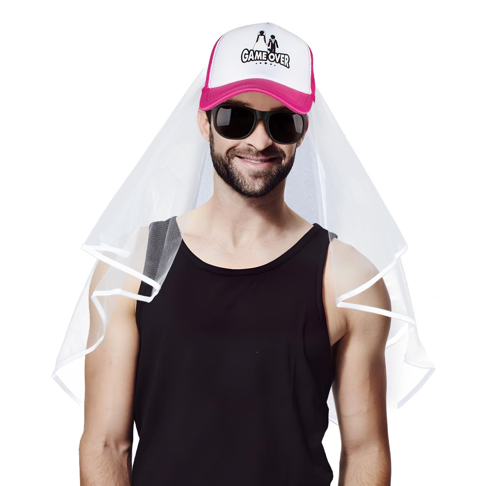 BETESSIN Juego 3pcs Accesorios Disfraz Despedida de Soltero Hombre, Gorro Game Over, Velo y Gafas incluídos, Sombrero Despedida Soltero, para Novio Fiesta Boda Cosplay Regalo