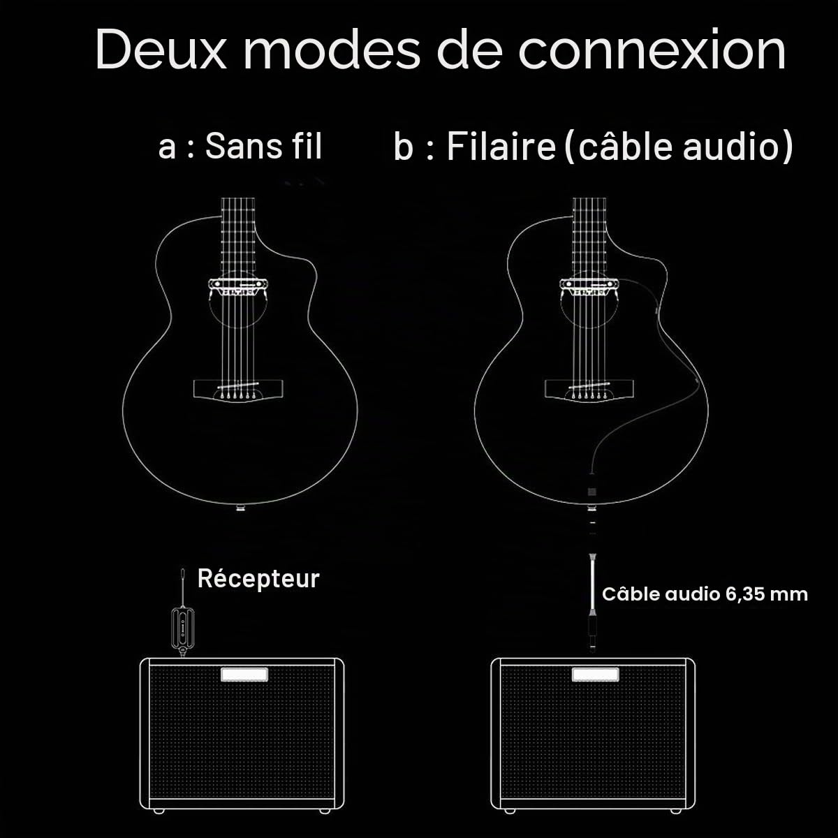 Guitaristes acoustiques, leurs microphones magnétiquement chargés, leurs valeurs tonales utilisées par les guitares acoustiques avec une acoustique acoustique (son noir)