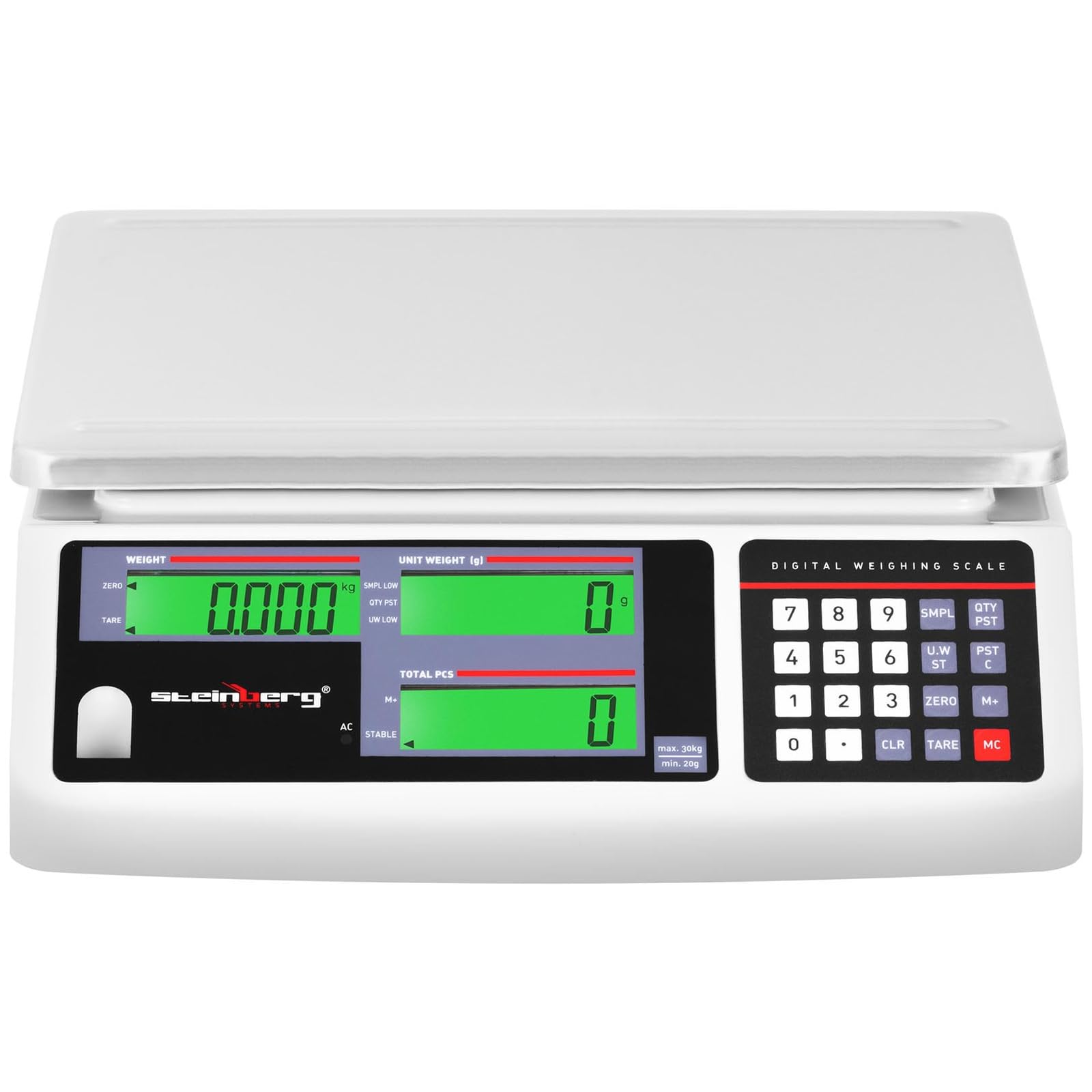 Steinberg Systems Balanza Cuentapiezas Báscula Digital SBS-PW-301CC (Acero inoxidable/PVC, 3 LCD, Batería hasta 72 h, 30 kg / 1 g)