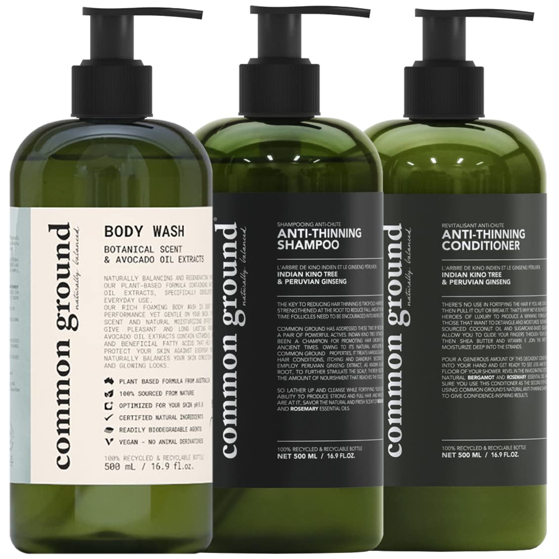 Body Wash & Anti Thinning Shampoo, Conditioner Bundle (3 Items), Sulphate, Paraben & Cruelty Free, Organic, Vegan, Plant-Based, Bergamot, Rosemary Scent, Kino Tree & Ginseng DHT, All Hair, Men & Women