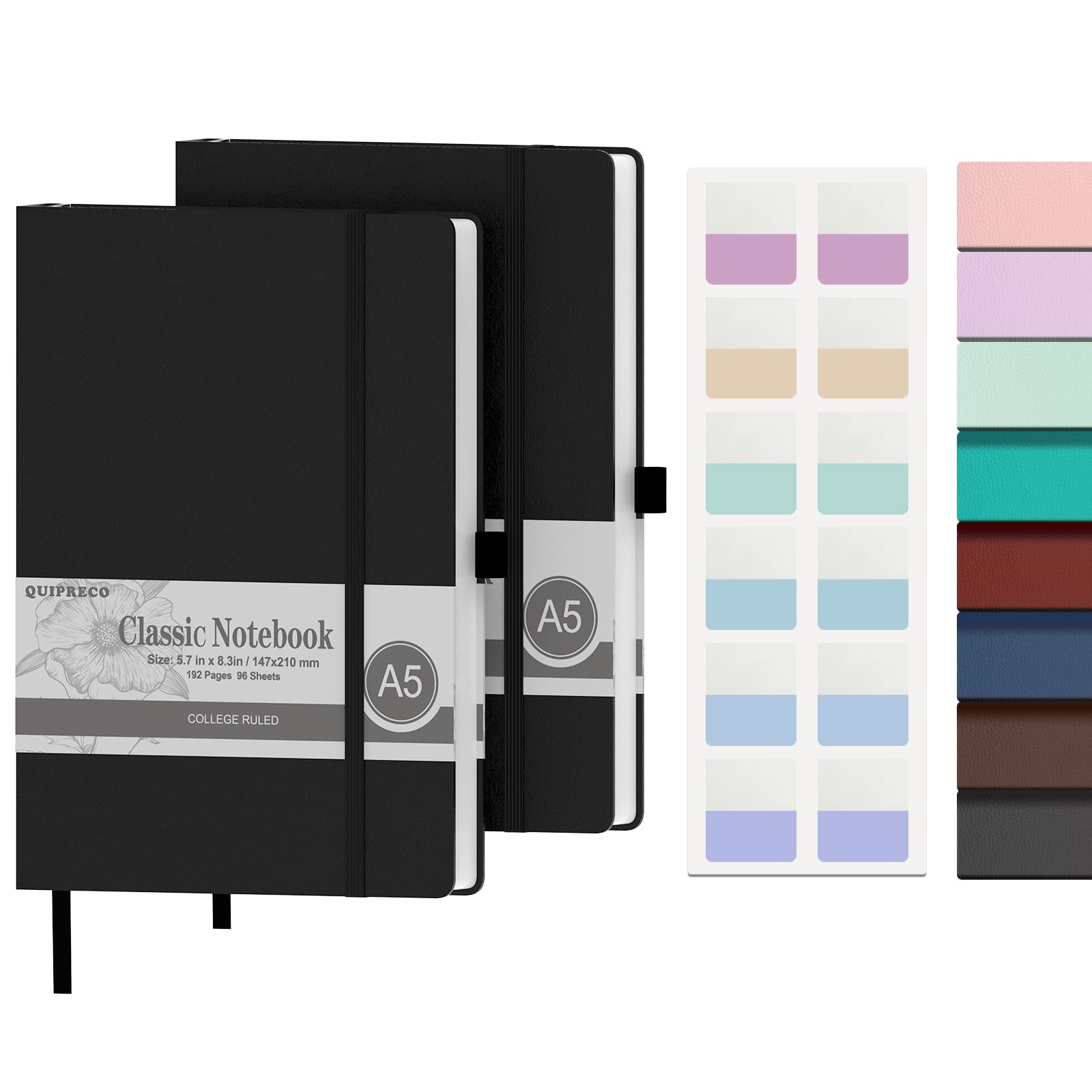 joibabe Notebook A5 Lined Hardback 2 Pack - Thick Journal Notpad with 384 Pages,100gsm Paper, 2 Free Sticky index Tabs,Pen Loop,Inner Pocket.Note Book for Office School Home Business (Black)