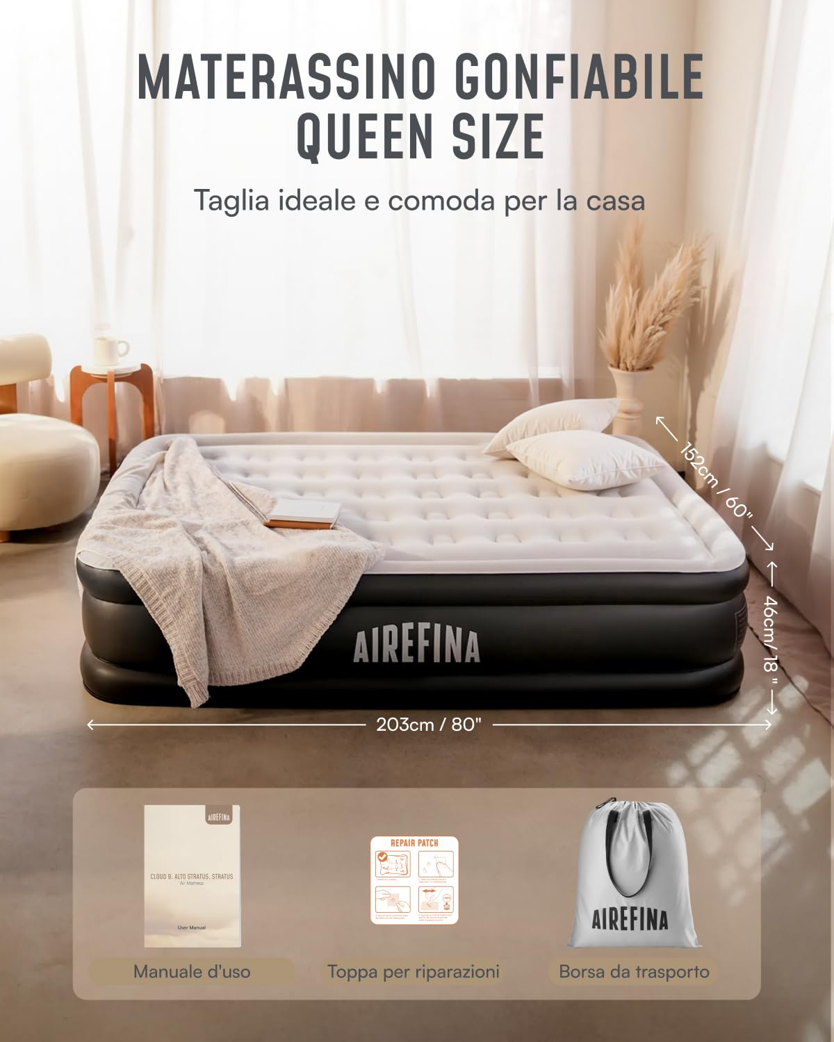 Airefina Materasso Gonfiabile Matrimoniale, Letto Gonfiabile con Pompa Integrata, Materassino Gonfiabile per Casa, Ospiti o Campeggio, Comodo e Resistente 152 x 203 x 46 cm