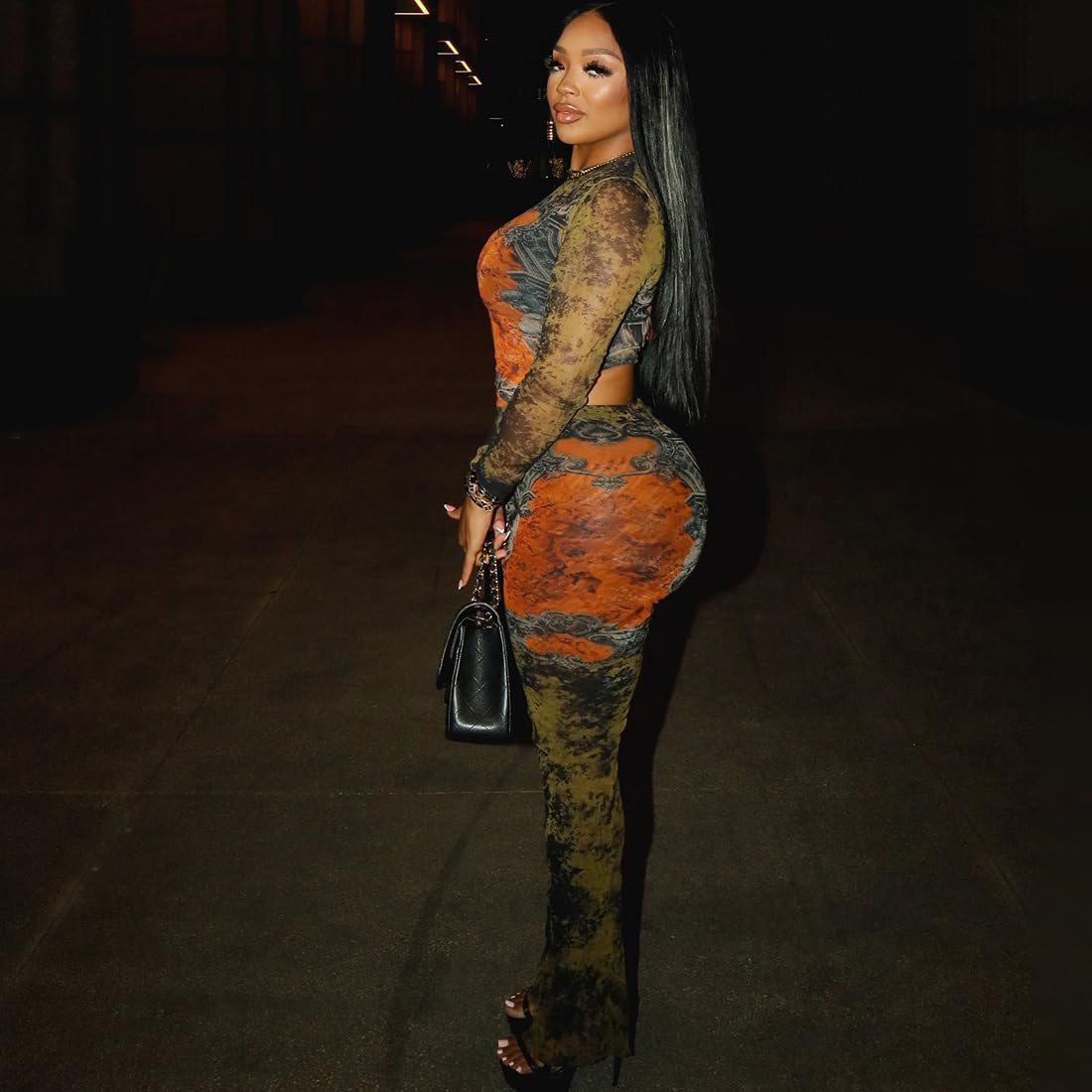 Women's Sexy Two Piece Set Fashion Print Long Sleeve Round Neck Tops Bodycon Pants See Through Clubwear Outfits - Image 5