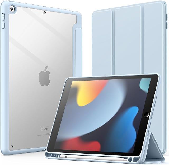 JETech Etui dla iPad 10,2 Cala (9./8./7. Generacji, 2021/2020/2019) z Pencil Uchwyt, Wyczyść Przezroczysty Tył Obudowa Slim Podstawkę Odporna na Wstrząsy Obudowa Tabletu Case (Jasny Niebieski)