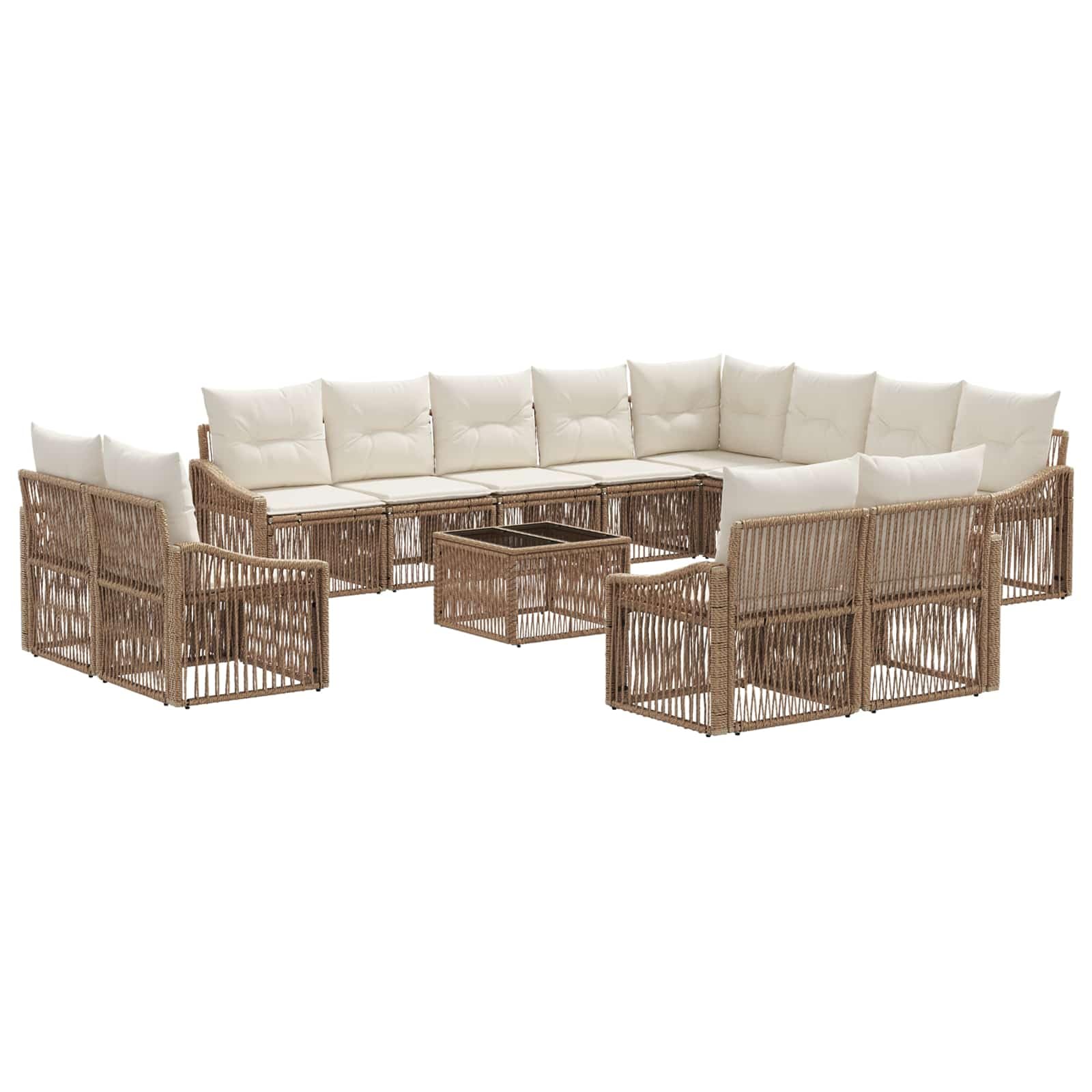 Set di divani da giardino in polyrattan, 13 pezzi, beige | Salotto modulare da esterno per giardino e terrazza con tavolo, poggiapiedi regolabili e 25 comodi cuscini.