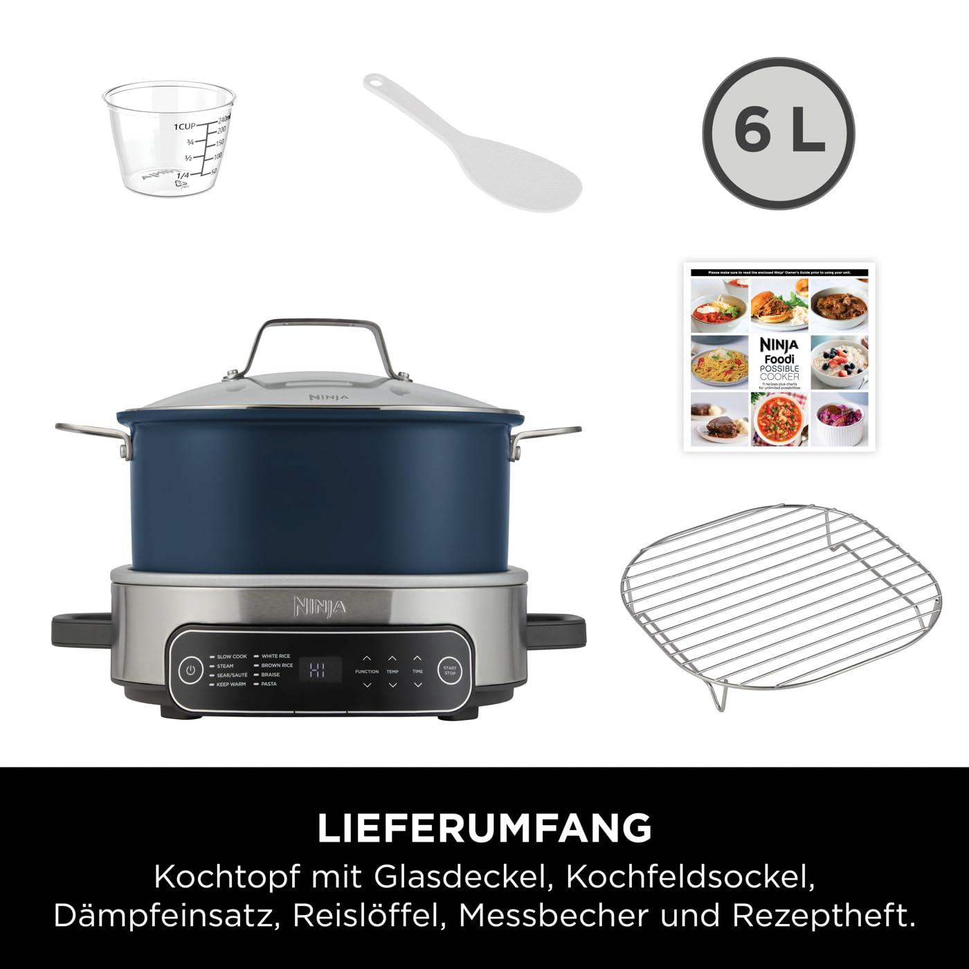 Ninja Foodi PossibleCooker, 6L Digitaler Multikocher & Schongarer mit Topf, und Reiskocher, vielseitige 8-in-1-Funktionen, Dampfeinsatz, Löffel &Glasdeckel, Anbraten, Backen, nachtblau, MC1101EU