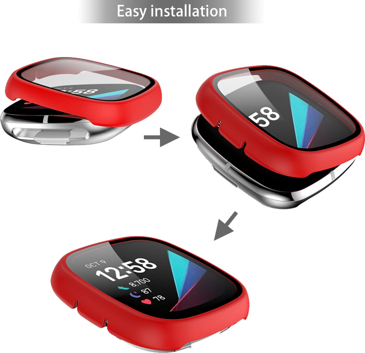 BBZ Custodia Protettiva Completa Per Fitbit Versa 3 E Sense, Con Pellicola In Vetro E Cornice In Plastica Rigida TPU, Antiurto - 4