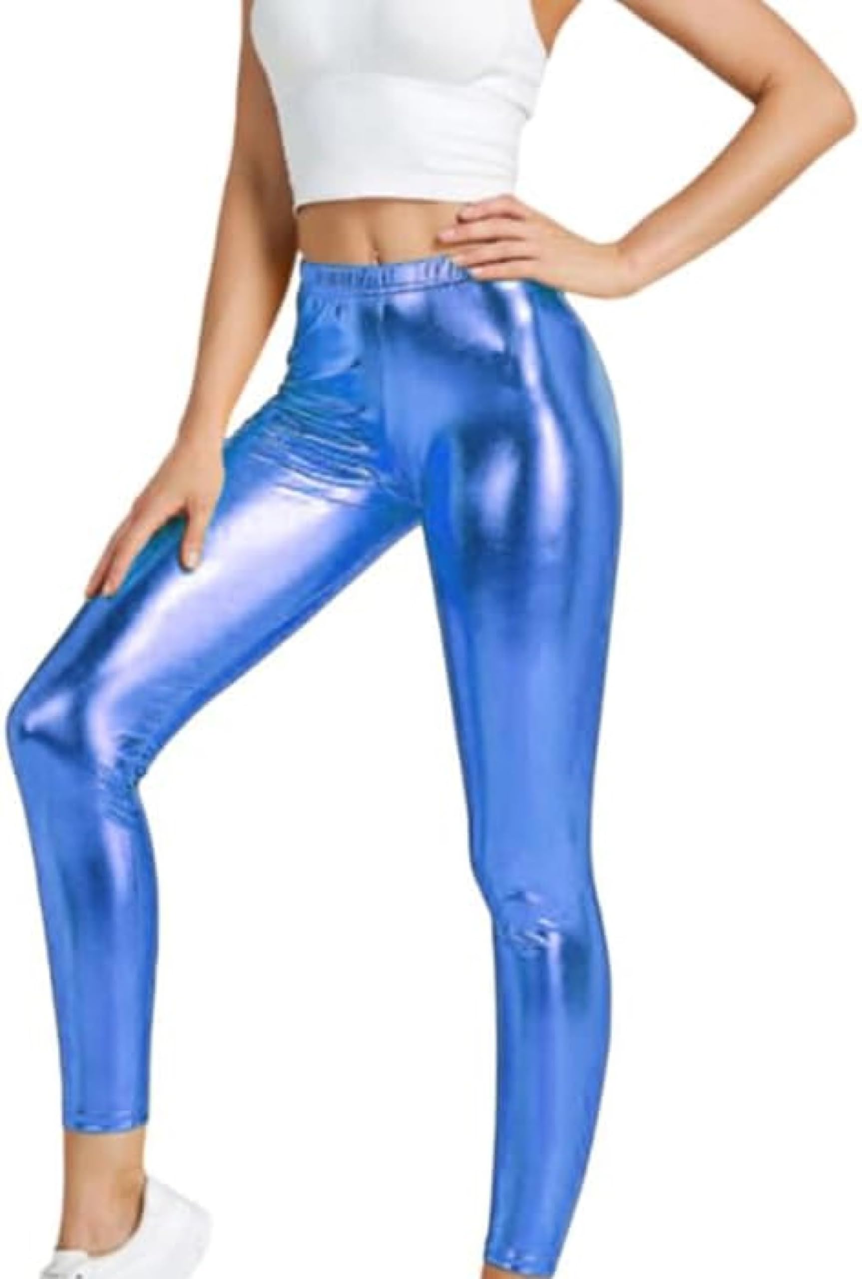 Kikfit Girls Blue Metallic Leggings Kids Shiny Wet Look Disco Dance Leggings Stretch Tights For Party Costume Pants Age 3-14 (As8, Regular, Royal, 13-14 Years)