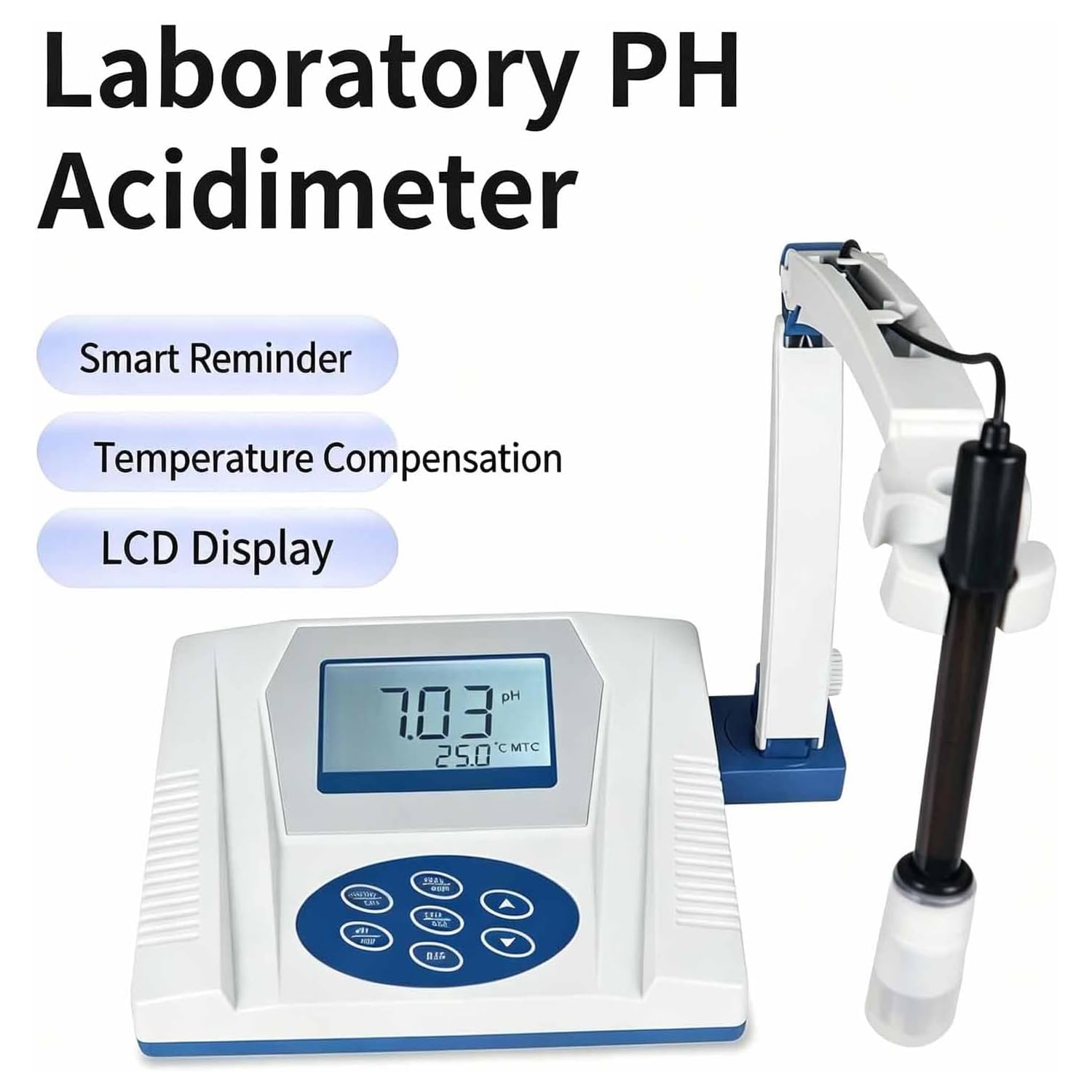 Medidor digital de pH con compensación de temperatura, alta precisión para uso en laboratorio y acuario, rango de 0-14.00 pH, resolución 0.1/0.01 pH, diseño de mesa
