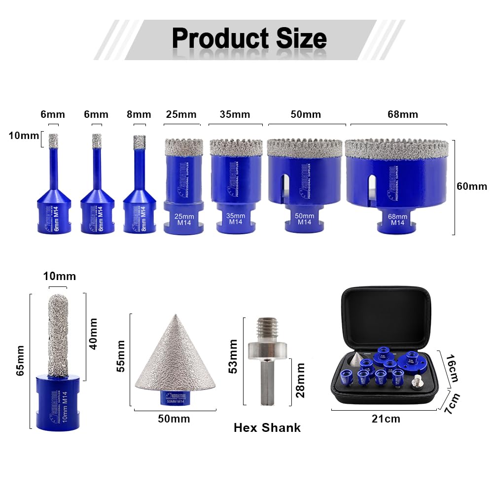 SHDIATOOL Diamante Core Drill Bits piastrella Hole Cutter Tool Hole Saw con filettatura M14 per gres porcellanato Marmo Granito Ceramica, Punte diamantate e punte per smussare diamantate