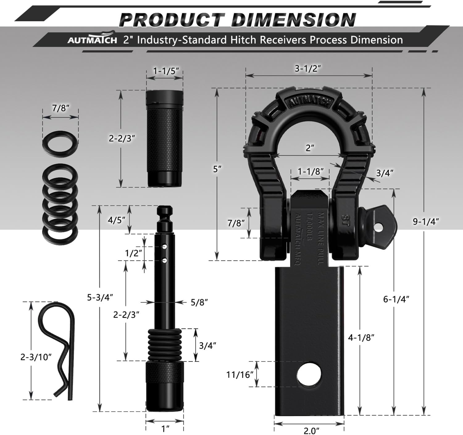 AUTMATCH Shackle Hitch Receiver 2" with 3/4" Mega D Ring Shackle and 5/8" Trailer Hitch Lock Pin, 68,000 Lbs Break Strength Heavy Duty Receiver Towing Kit for Off-Road Vehicle Recovery, Black - Image 3