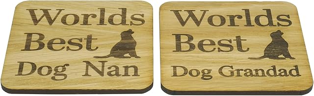 Worlds Best Dog Nan And Dog Grandad Coaster Set. Twin Pack Oak Veneer Coasters. Great Gift for Doggy Grandparents. 9.8cm x 9.8cm Drinks Mat. Laser Engraved finish. Dog Themed Gift.