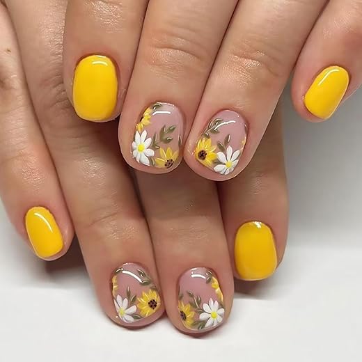 Sun Flowers Press on Nails Short Square Fake Nails With Sunflowers Daisy Designs Yellow False Nail Spring Summer Full Cover Stick on Nail for Women 24 Pcs