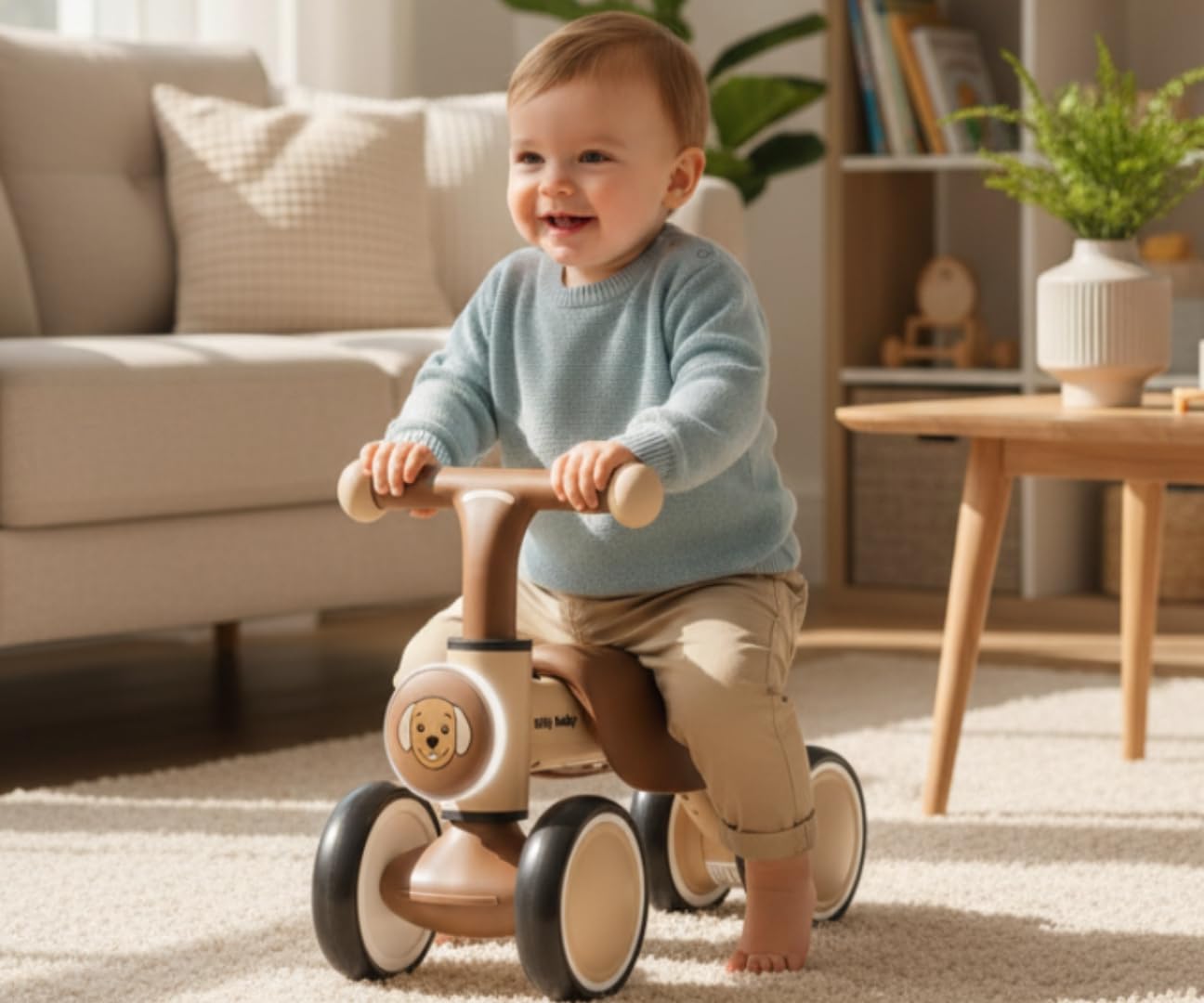 Milly Mally Jeździk dziecięcy YORK +12m LED dźwięki koła piankowe prezent na roczek (Beige)