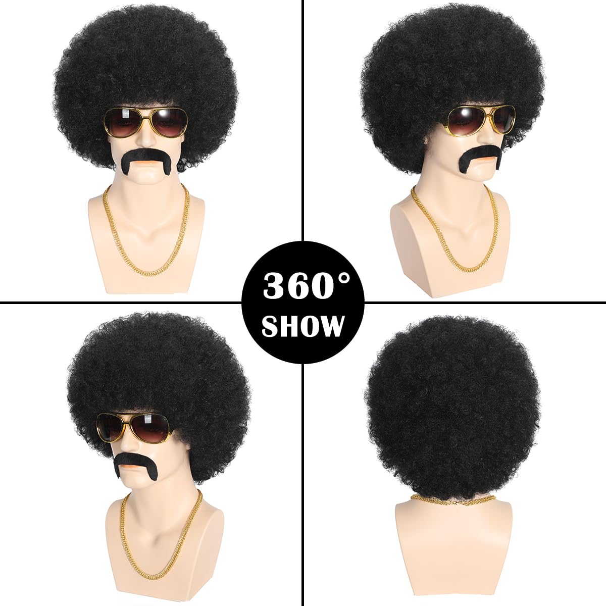 Afro Wigs Men, 5pcs Set (Wig+ Glasses+ Necklace+ Mustache+ Wig Cap) 70s Disco Costume Wigs for Men Short Black Curly Mens Wigs Fluffy Synthetic Funny Hair for Halloween Chrismas Cosplay Party - Image 2