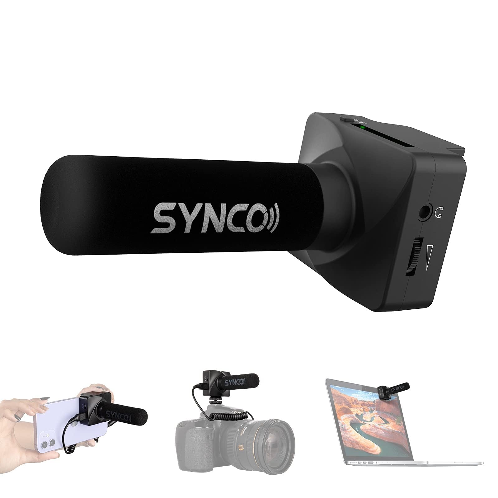 SYNCO Microfono direzionale per smartphone, microfono direzionale DSLR, 3,5 mm TRS/TRRS, Gain-Control, 75/150Hz Low Cut, monitoraggio audio, piastra magnetica per cellulare, fotocamera Canon, Nikon
