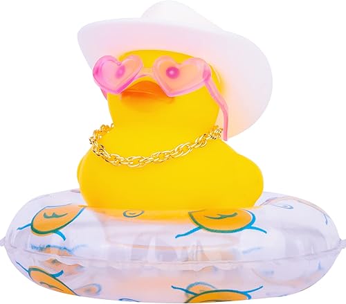 MuMyer Adornos de pato amarillo para automóvil, decoración de tablero de automóvil con gafas de amor, mini anillo de natación, sombrero de sol,