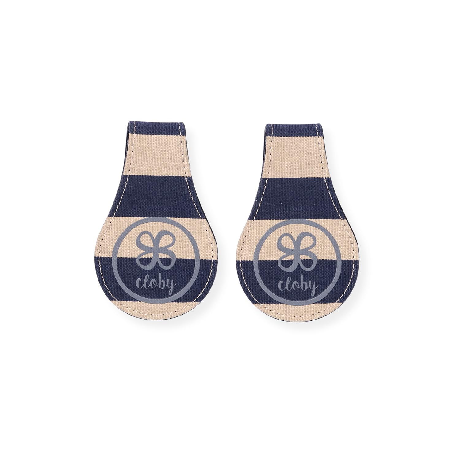 Cloby Magnet Clips 2er Set multifunktional - ideal für Kinderwagen Buggy Babyschale - wendbar - 2 Seiten - aus Leder und Canvas - Navy/Stripe - blau beige