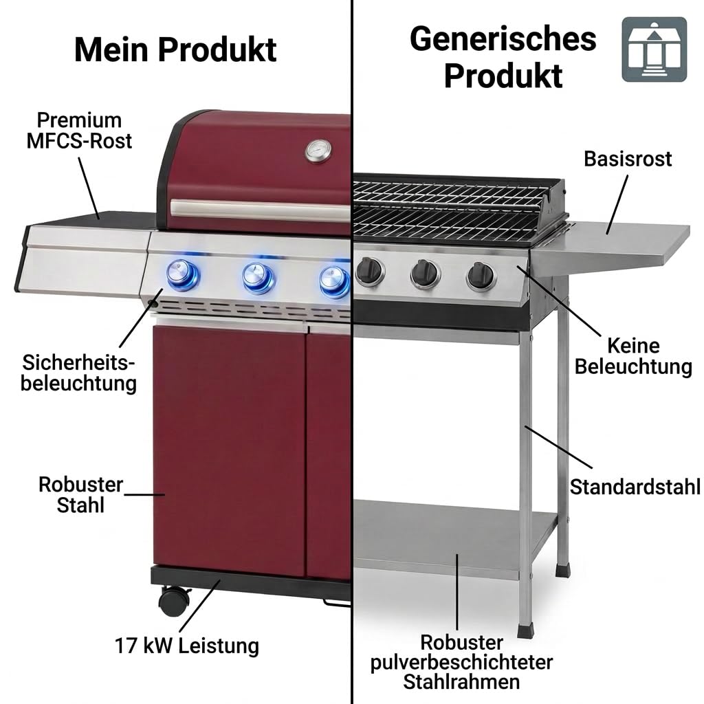 Tarrington House Gasgrill 4-Hauptbrenner und Seitenbrenner Gasgrill Paxton, Grillfläche 41 x 71 cm, Ablagetisch, fahrbar, Stahl, rot