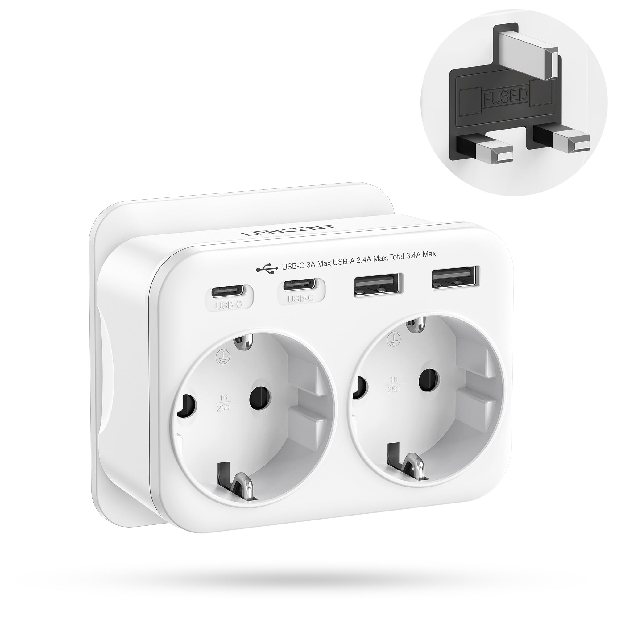 LENCENT Adapter Anglia Niemcy Wtyczka,6-w-1 Typu-G Adapter Podróżny Wtyczka | z 2 USB-A, 2 Typ C i 2 AC-Wtyczki, UE do UK Szkocji, Irlandii, Walii, Malediwów, Wielkiej Brytanii ładowarka ścienna, Biały