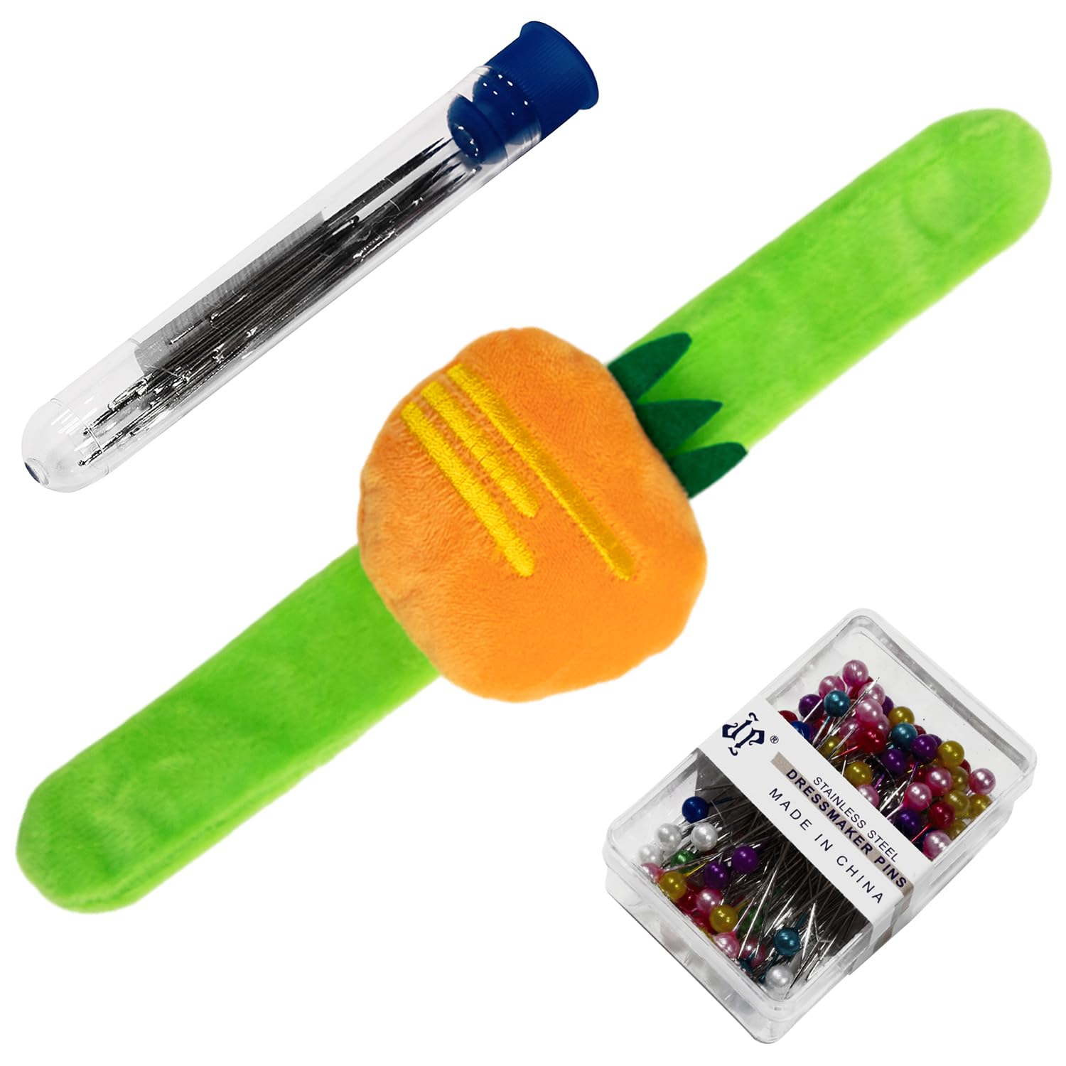 Radish Wrist Pin Cushion for Sewing Snap Bracelet Wrist Bands Pincushion Organizer for Pins and Needles Include 80 Pearl Ballhead Pins and 18 Sewing Needles