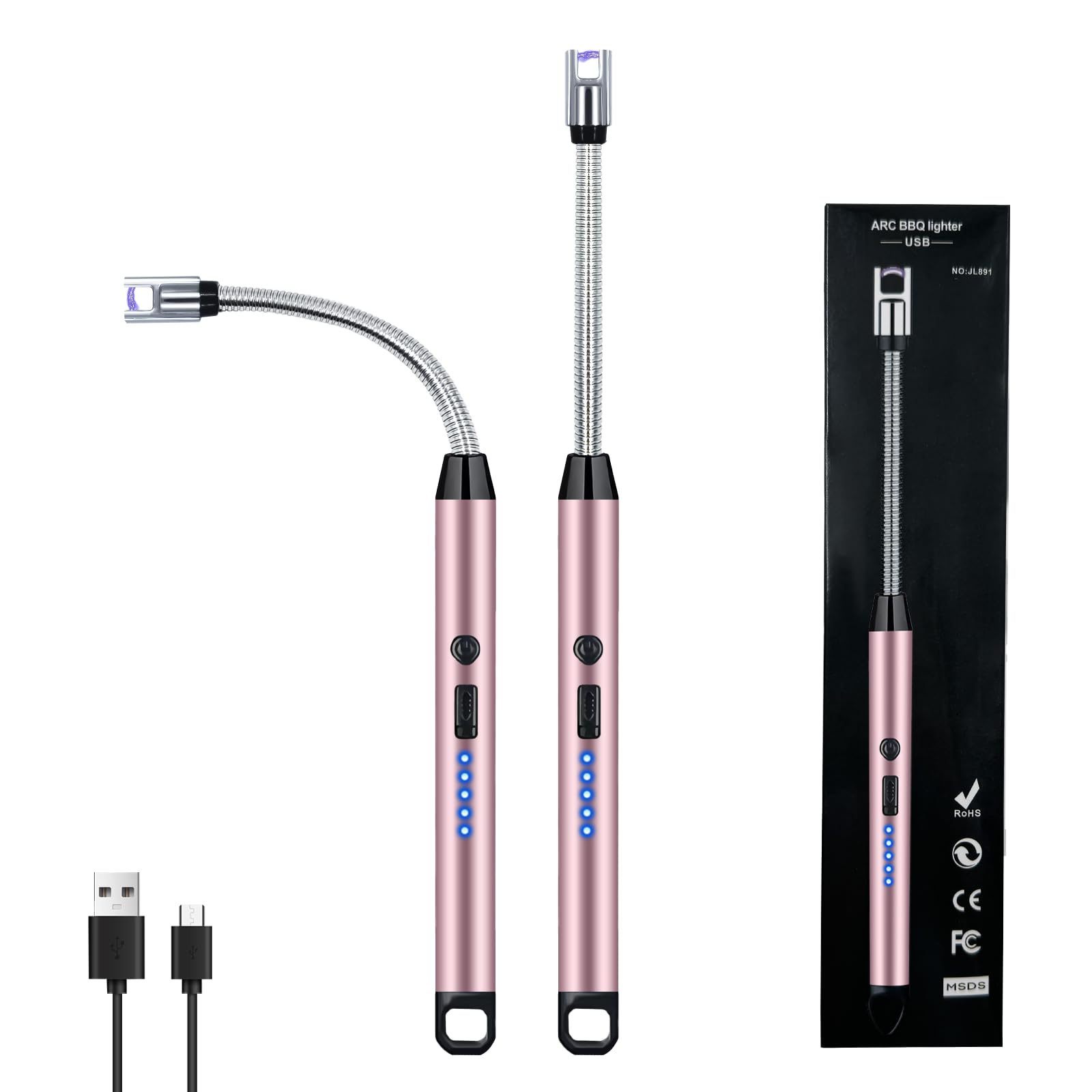 SOYOK 2 PCS Candle Lighter, Electric Arc Windproof Flameless with 360° Flexible Neck & LED Power Display, USB Rechargeable for BBQ, Grill, Camping, Fireplace, Stove (Pink)