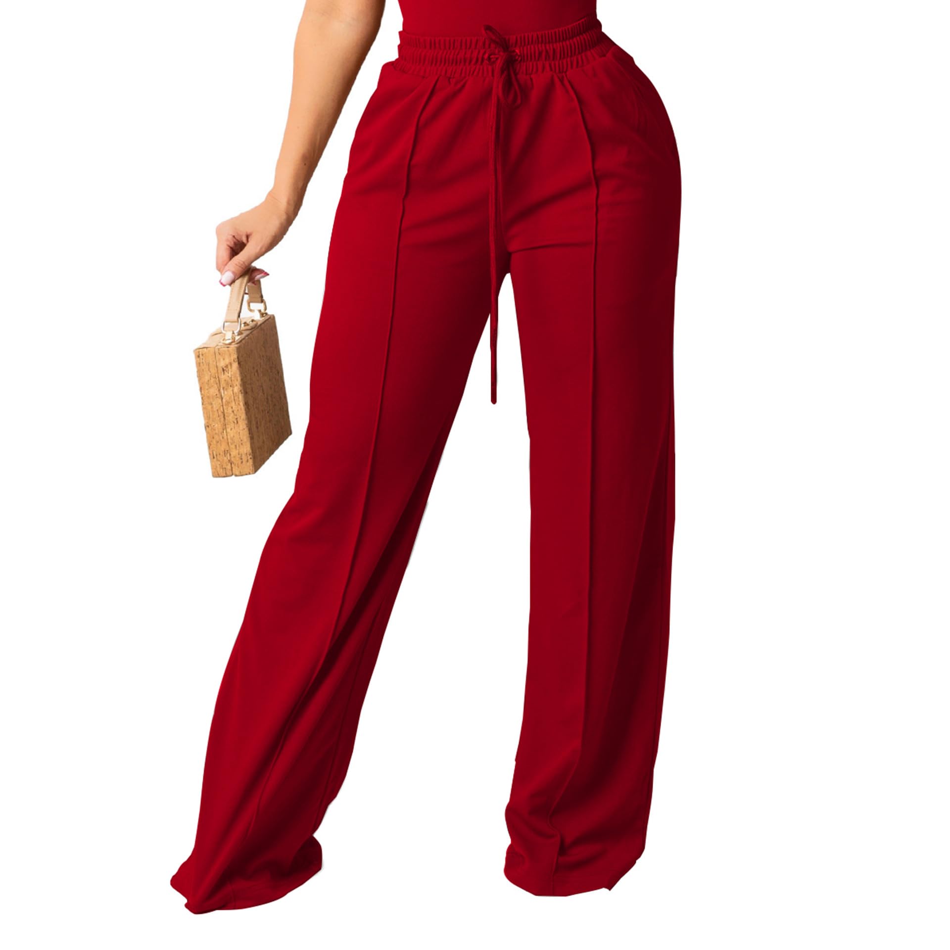 PINSV Women's Casual Wide Leg Pants High Waisted Drawstring Baggy Sweatpants Elastic Straight Leg Lounge Pants