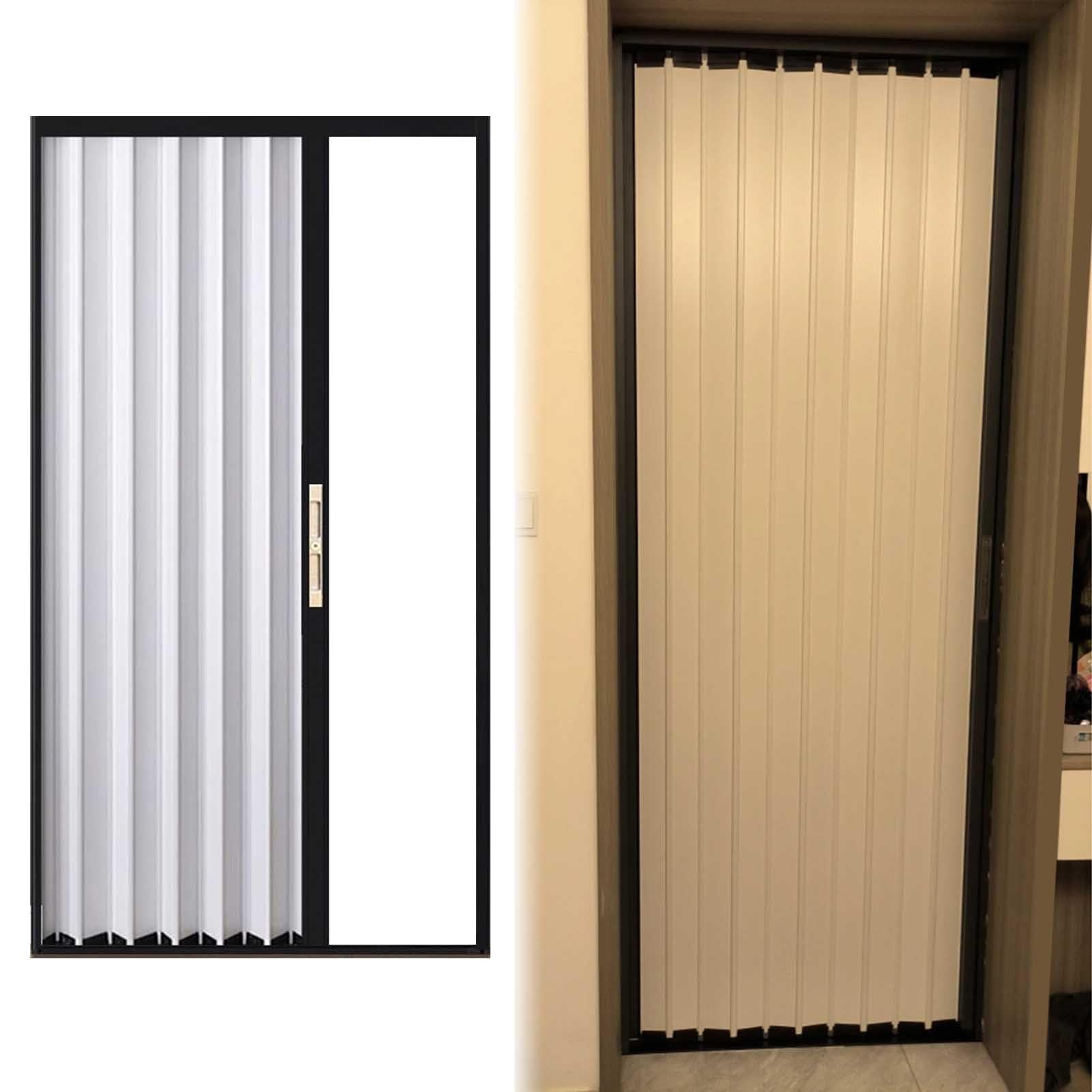 Concertina Door Metal Accordion Sliding Door with Lock Frame Track, White & Black Folding Door for Kitchen Barn, Magnetic Concertina Gate for Exterior Doorway Bathroom(80x80in (203x203cm))
