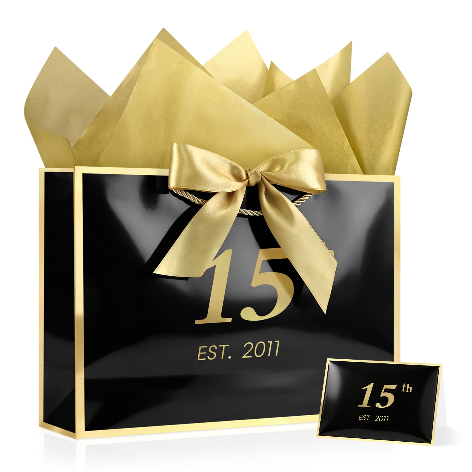 JMANNI 15th Birthday Gift Bag, Medium Black Gold Foil Frame for 2011