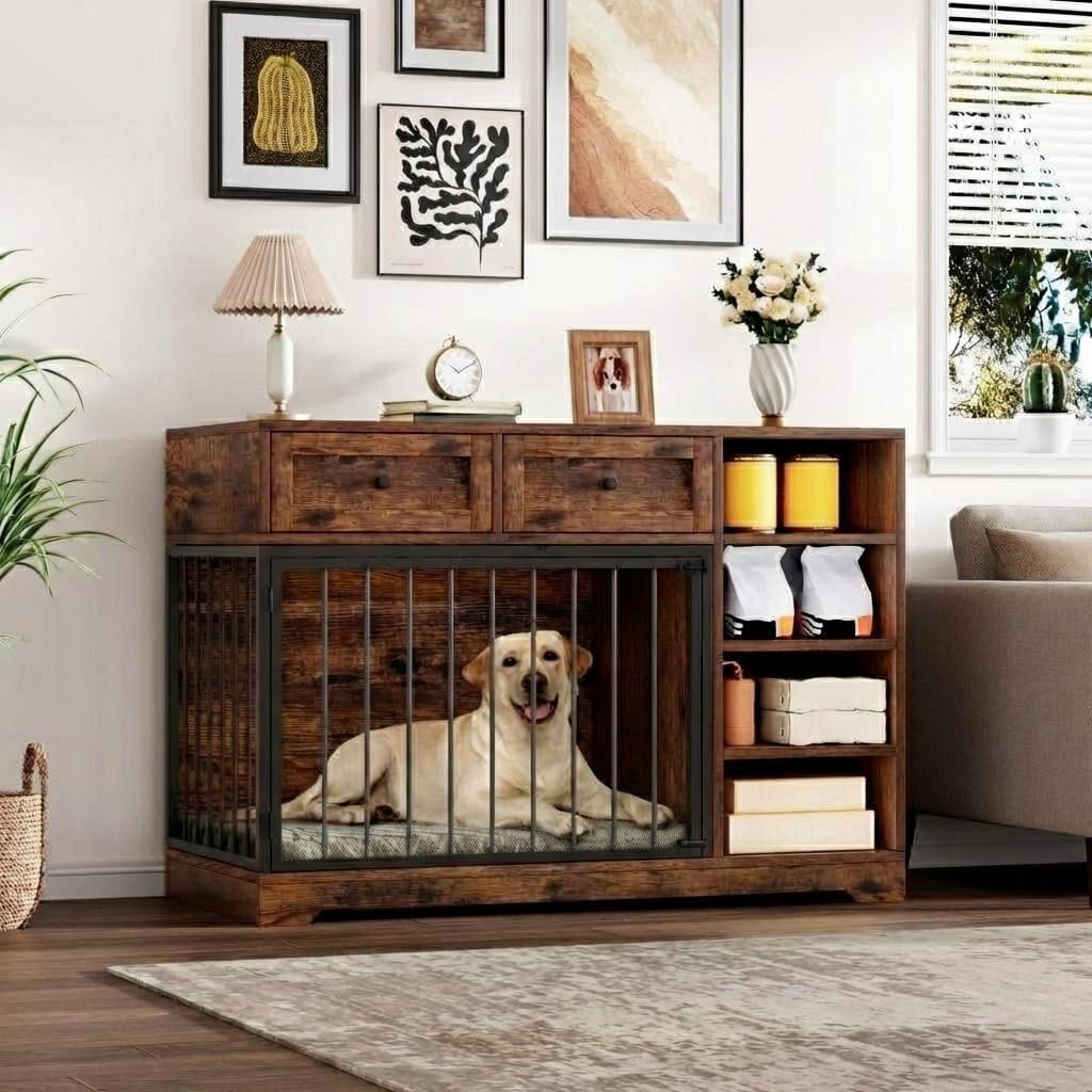 47" Dog Crate Furniture with Drawers & Shelves, Wooden Dog Kennel Furniture TV Stand, Rustic Pet Crate End Table for Medium Large Dogs