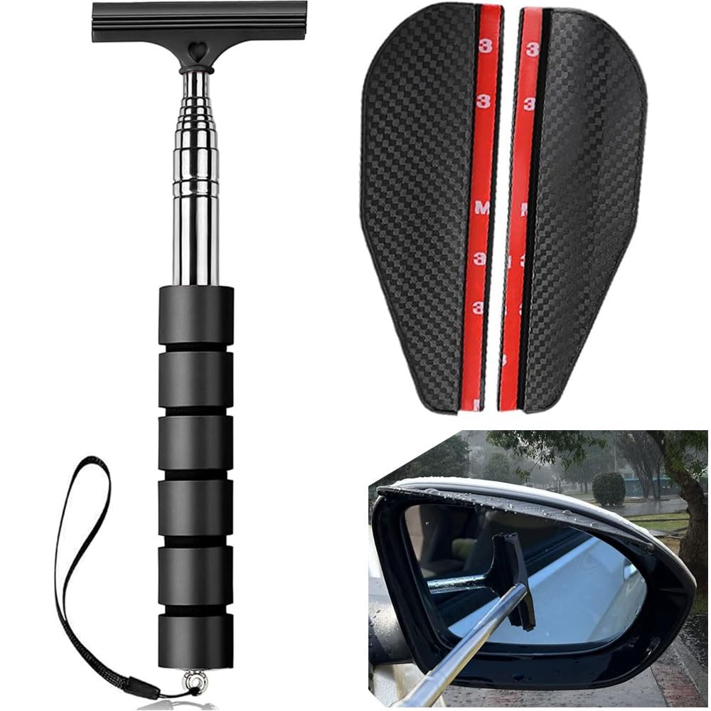 Ygapuzi Black 3Pcs Car Side Mirror Squeegee And Rain Guard, Retractable Car Rearview Mirror Wiper Mini Squeegee Water Cleaner With Telescopic Long Rod Rain Covers For Rainy Foggy Weather (Black)