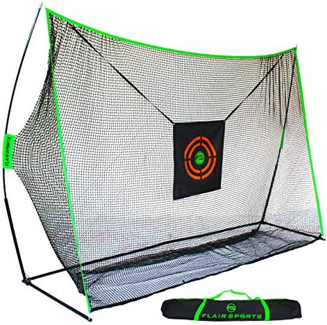 Flair Sports – Large Heavy Duty 10′ x 7′ Golf Hitting Net – Professional Series – Practice Driver, Irons, & Wedges – Indoor & Outdoor Swing Training – Driving Range at Home – Neon Chipping Target