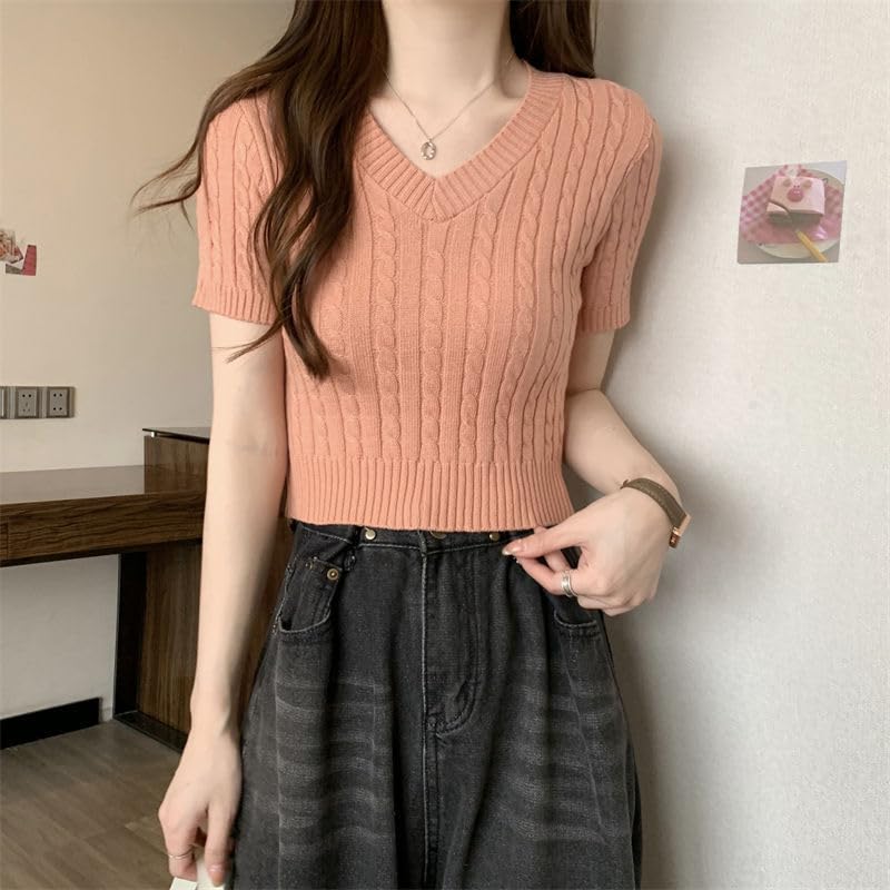 Image of ICW Women's Acrylic Knitted Ribbed Half Sleeve V-Neck Self Design Crop Top T-Shirt 128