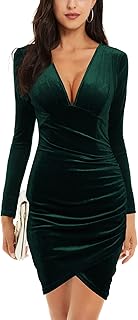 HUHOT Womens Sexy Deep V Neck Long Sleeve Hide Tummy Velvet Bodycon Ruched Mini Party Cocktail Dress