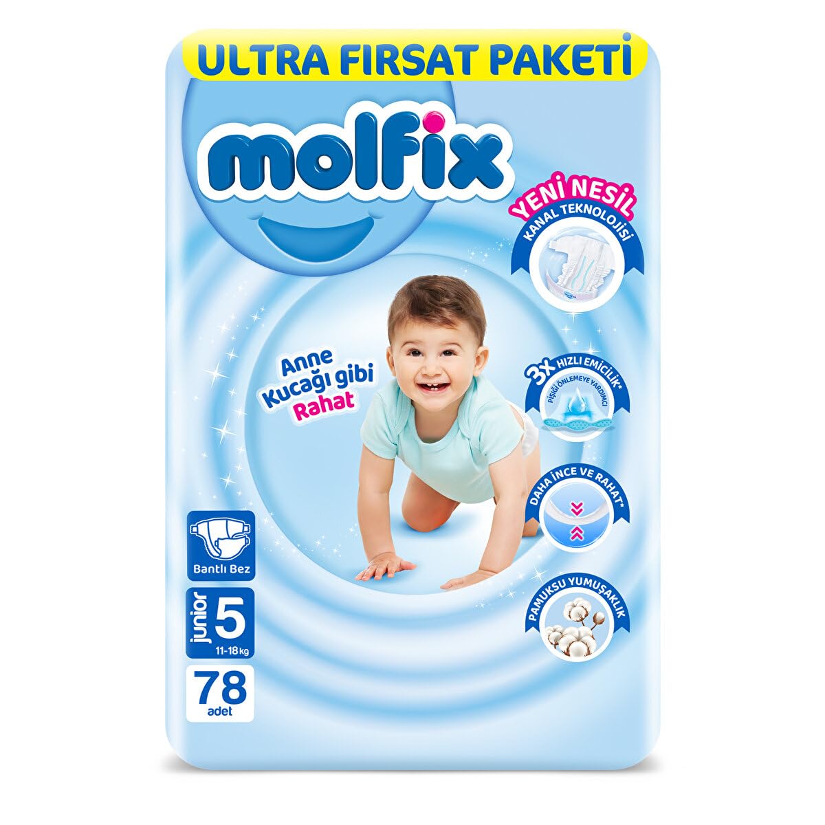 Molfix Bebek Bezi 3D Junior 5 Beden Aylık Paket 78 Adet, Beyaz