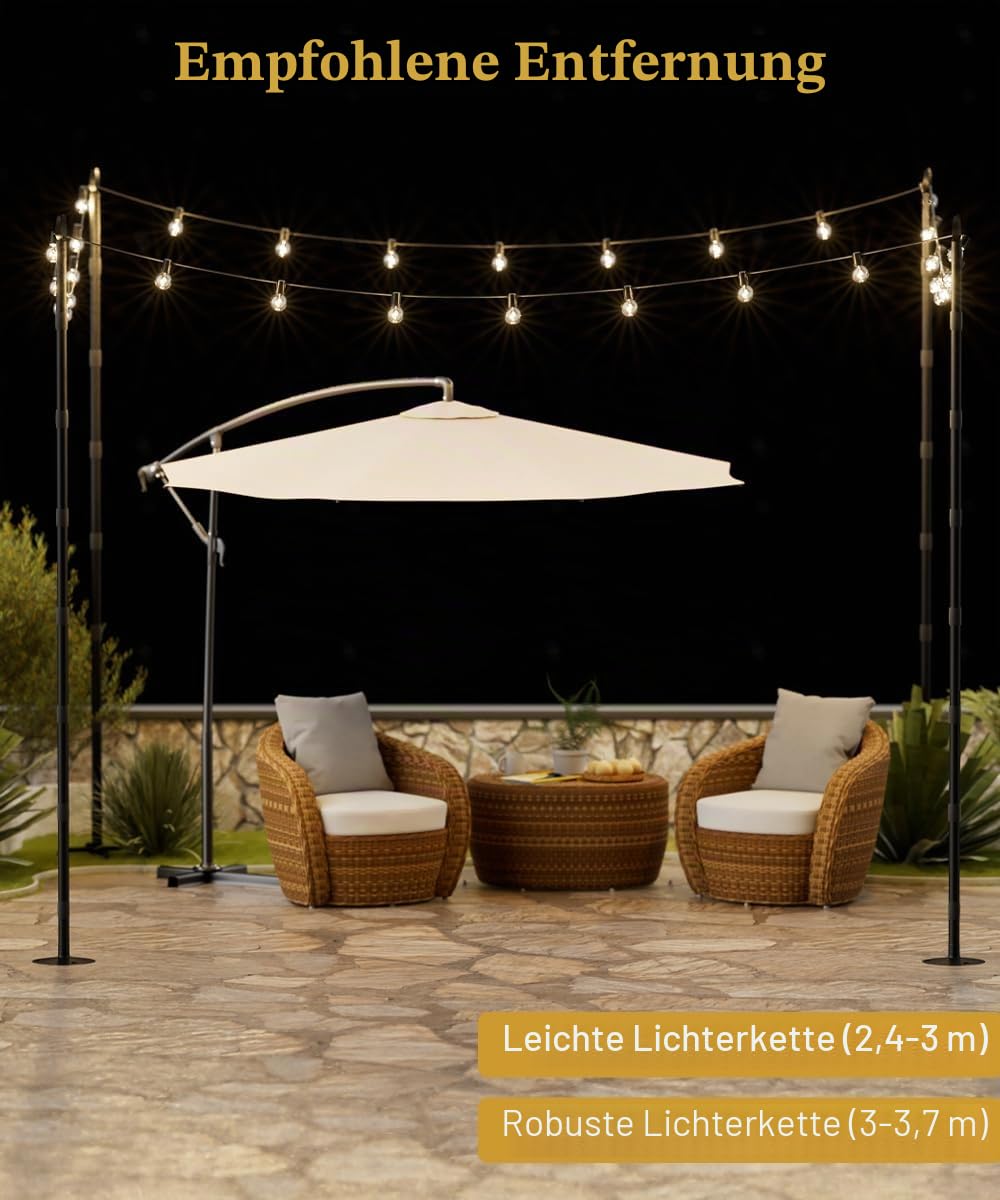 3 m lange Lichterkette für harte Oberflächen, Außenlichtständer für Hinterhof, Garten und Terrasse, Partybeleuchtung, robuste Metallstangen mit wasserdichter Oberfläche, rostfrei und
